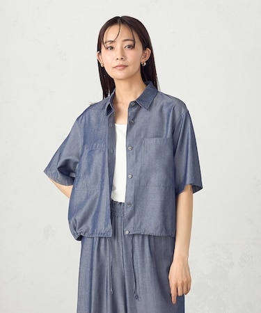デニム風ドロスト付き ショートシャツ / セットアップ対応