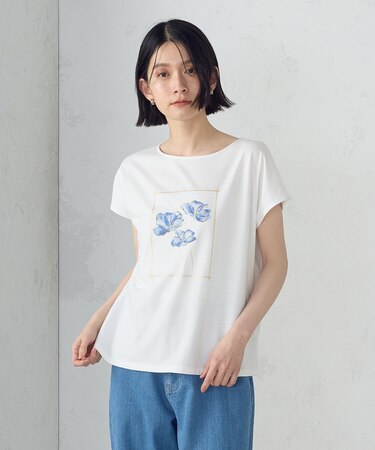 水彩タッチ 花プリントＴシャツ