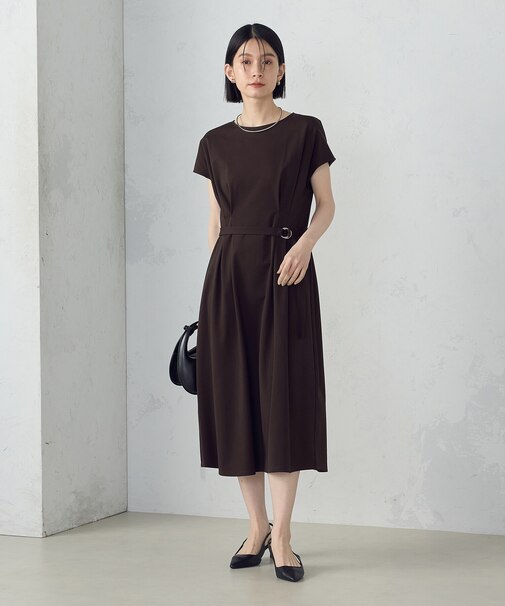 【接触冷感・防汚機能】ベルト付　フレンチスリーブ　タック　ワンピース　