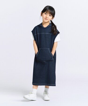 デニムライクジャージー フード付きワンピース
