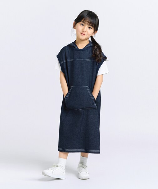 デニムライクジャージー フード付きワンピース