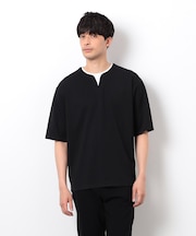 半袖 フェイクレイヤード キーネックＴシャツ