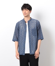 透かし柄レース 五分袖 バンドカラーシャツ