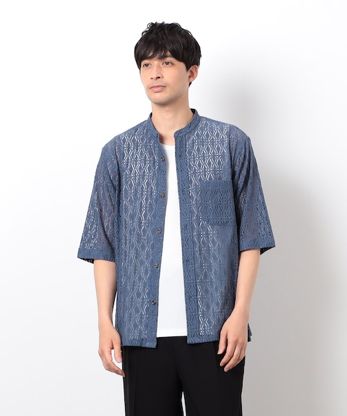 透かし柄レース 五分袖 バンドカラーシャツ