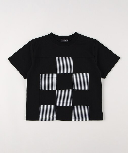ギンガムチェック使い パッチワーク半袖Tシャツ