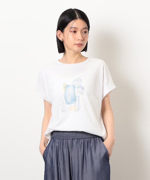 スタッズ 箔ライン付き プリントＴシャツ