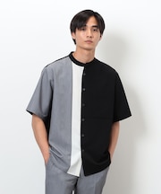 ウールライク バンドカラーブロッキング半袖シャツ