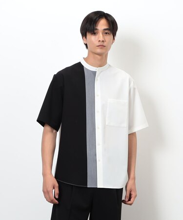 ウールライク バンドカラーブロッキング半袖シャツ