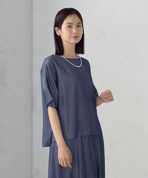 【セットアップ対応】デニムライクシャンブレー Ｔブラウス