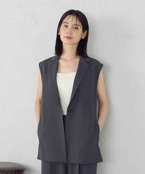 ベスト ジレ 「UVカット・接触冷感・吸水速乾」ベルト付きテーラードジレ / セットアップ対応 レディース UVカット・接触冷感・吸水速乾】ベルト付きテーラードジレ