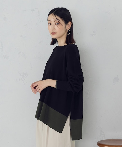 バイカラー クルーネックポンチョニット