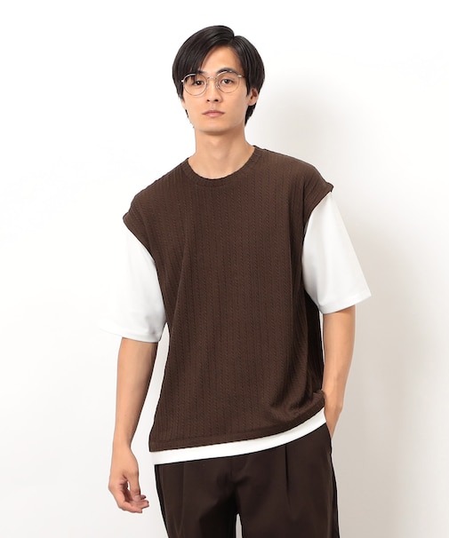 ケーブル柄 ベスト フェイクレイヤード Ｔシャツ