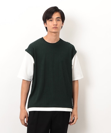 ケーブル柄 ベスト フェイクレイヤード Tシャツ