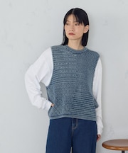 製品染めウォッシュ　透かし柄ニットベスト