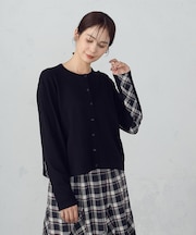 【セットアップ対応】ニットとタータンチェックのコンビネーションカーディガン