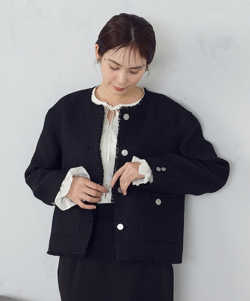 ファンシーツイード　ノーカラージャケット