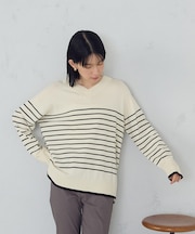 【ウォッシャブル】ベーシック　ボーダーＶネックオーバーサイズニット