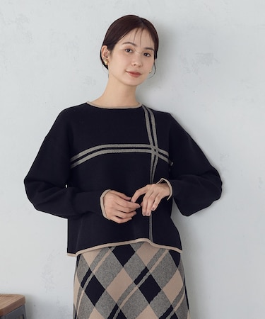 チェック柄　袖口スリットニットプルオーバー / セットアップ対応