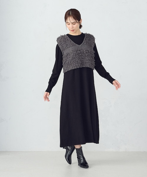 コムサイズム（COMME CA ISM）/【ウォッシャブル】セットアイテム　ループベスト付きレイヤードワンピース ウォッシャブル】セットアイテム ループベスト付きレイヤード