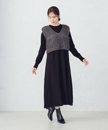 【ウォッシャブル】セットアイテム　ループベスト付きレイヤードワンピース