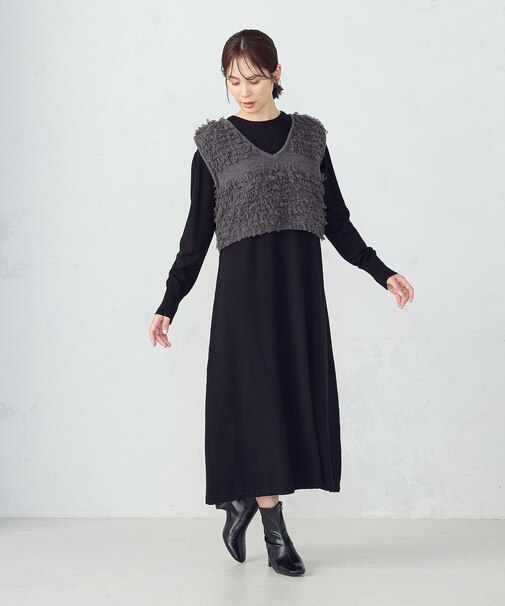 【ウォッシャブル】セットアイテム　ループベスト付きレイヤードワンピース