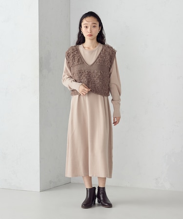 【ウォッシャブル】セットアイテム　ループベスト付きレイヤードワンピース