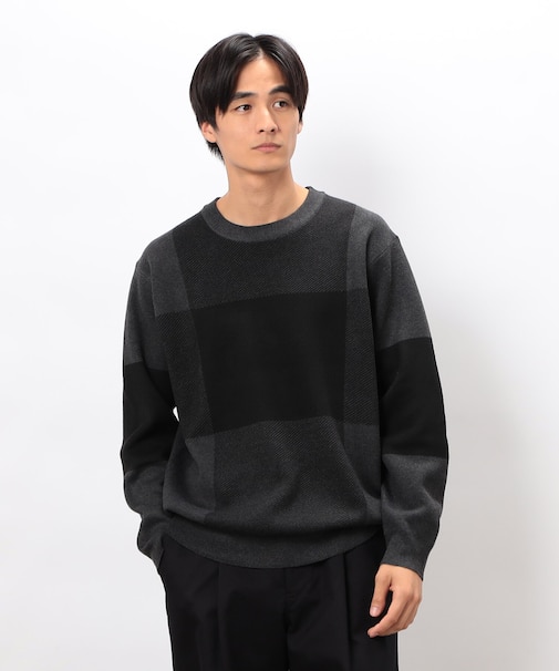 チェック柄ジャガード クルーネックニット