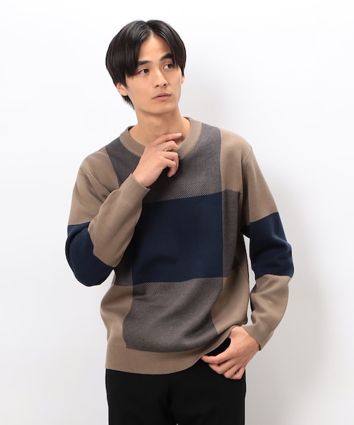 チェック柄ジャガード クルーネックニット
