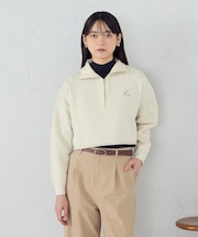 【ウォッシャブル】ワンポイント 刺繍 ハーフジップニット