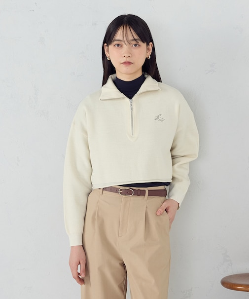 【ウォッシャブル】ワンポイント 刺繍 ハーフジップニット