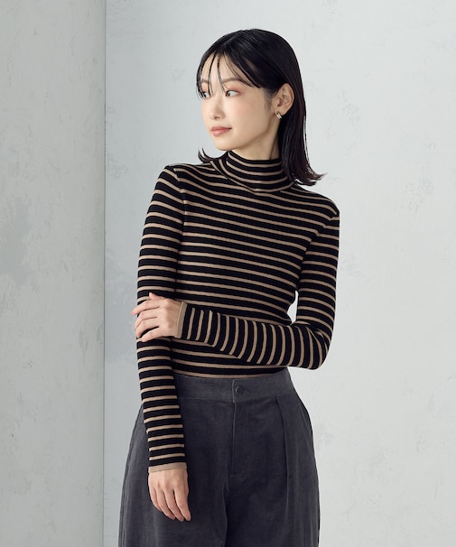 【ウォッシャブル】ベーシック ボーダー ハイネックニット