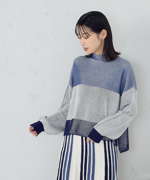 美品ストライプデザイン黒ニットセーター 3Dパターンストライプニット（ニット/セーター） | tk.TAKEO KIKUCHI