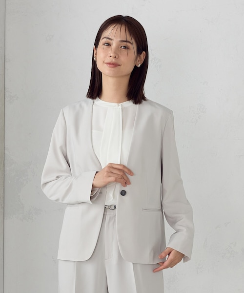 セットアップ対応】ポリエステルツイル ノーカラージャケット