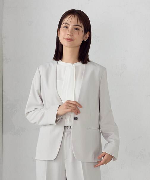 【セットアップ対応】ポリエステルツイル ノーカラージャケット