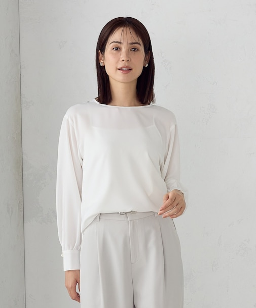 【セットアップ対応】ポリエステルツイル パールボタンブラウス