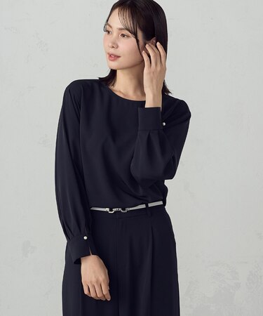 【セットアップ対応】ポリエステルツイル パールボタンブラウス