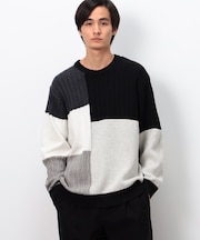 パッチワーク風 クルーネックニット