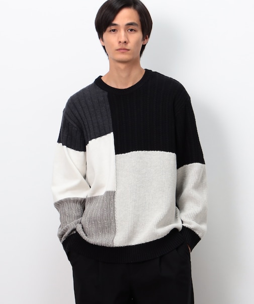パッチワーク風 クルーネックニット