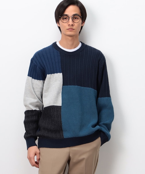パッチワーク風 クルーネックニット