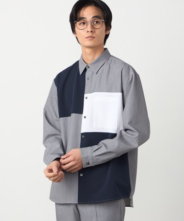 ウールライク ストレッチツイル ブロッキングシャツ