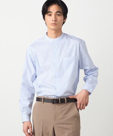 コットンナイロン ストレッチ ストライプ バンドカラーシャツ