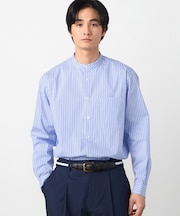 コットンナイロン ストレッチ ストライプ バンドカラーシャツ