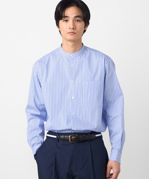 コットンナイロン ストレッチ ストライプ バンドカラーシャツ