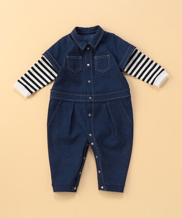 デニムライクストレッチ つなぎ風フェイクレイヤード ツーウェイオール