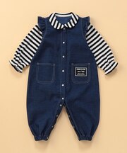 デニムライクストレッチ 肩フリル フェイクレイヤードツーウェイオール