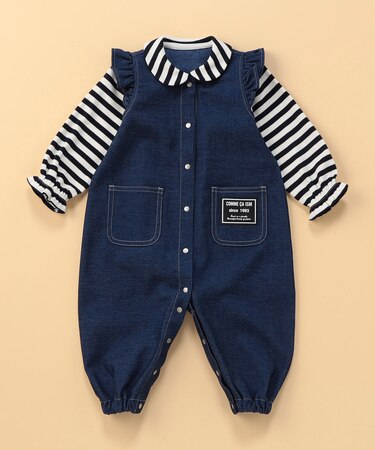 デニムライクストレッチ 肩フリル フェイクレイヤードツーウェイオール