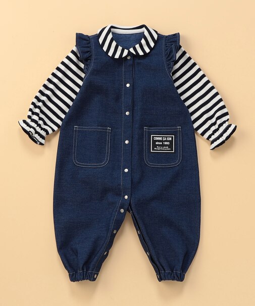 デニムライクストレッチ 肩フリル フェイクレイヤードツーウェイオール