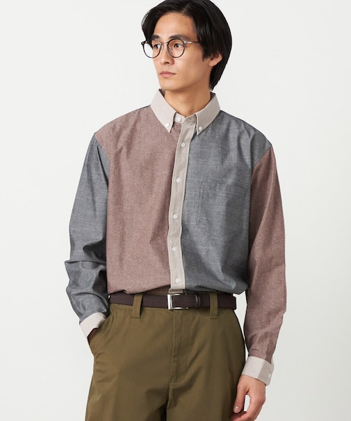 コットンダンガリー パッチワーク ボタンダウンシャツ