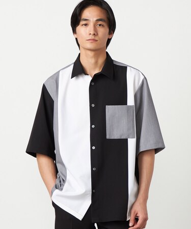 ウールライク ショートポイントカラー ブロッキング 5分袖シャツ