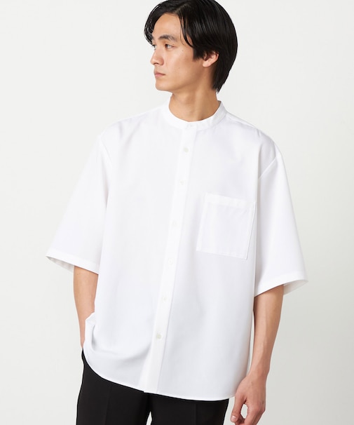 ウールライク バンドカラー5分袖シャツ